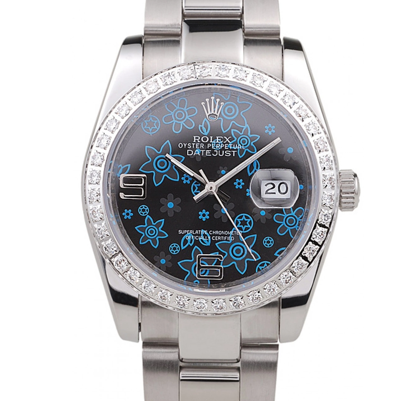 Dial Dark Flowers Steel Rolex Datejust Blue Polished Diamond Stainless Plated 0711